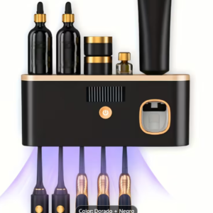 Organizador porta cepillos de dientes con luz UV – Negro y dorado