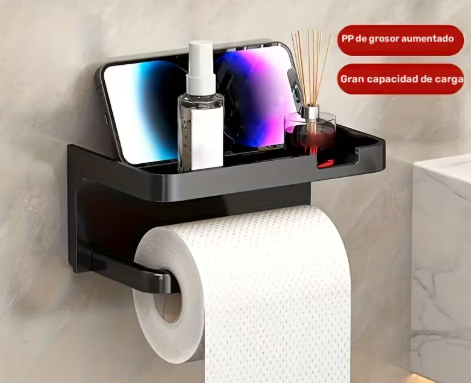Porta papel higiénico con repisa organizadora – Negro